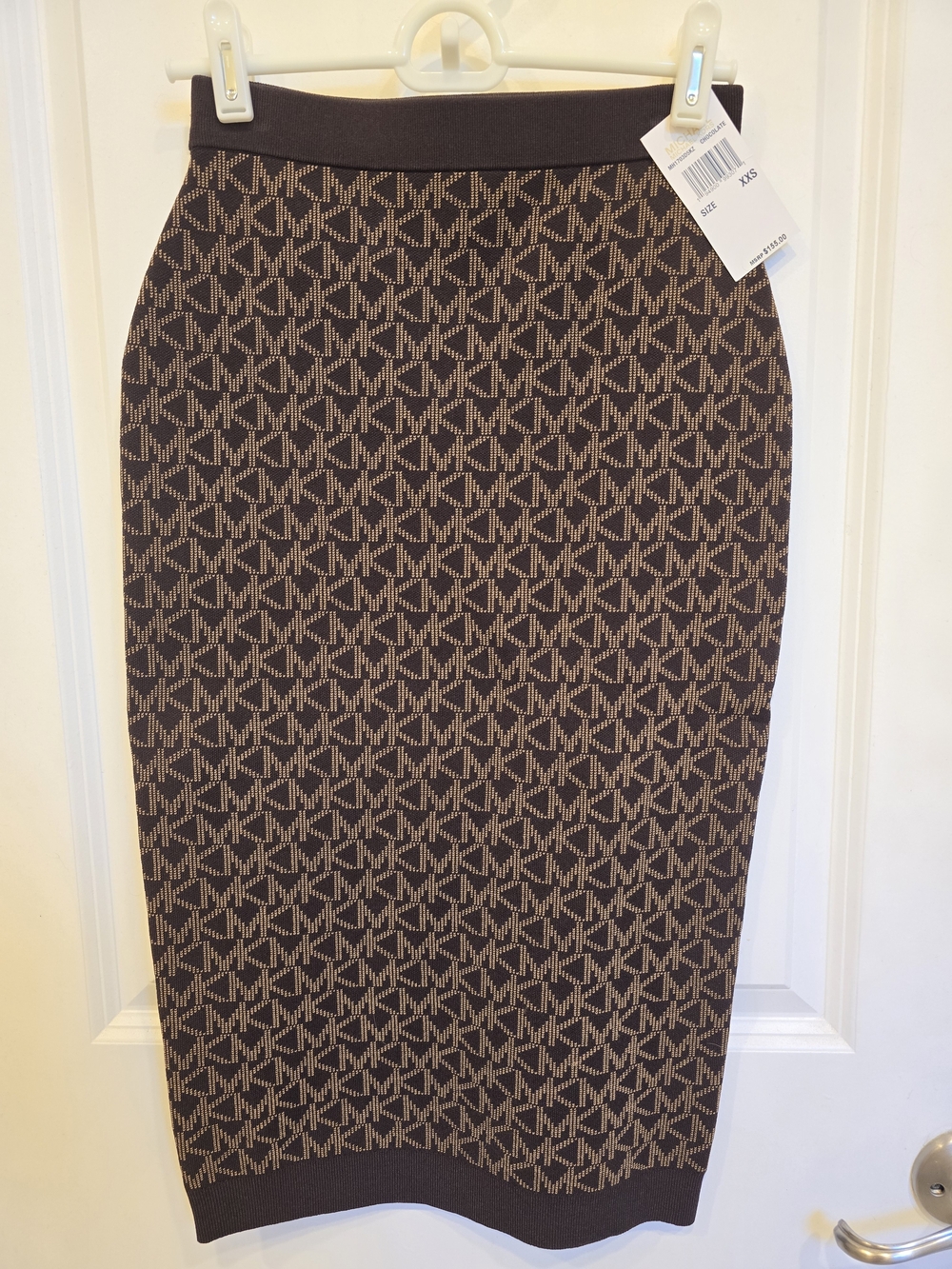 Michael Kors Brown and Tan MK Logo Knit Pencil Skirt